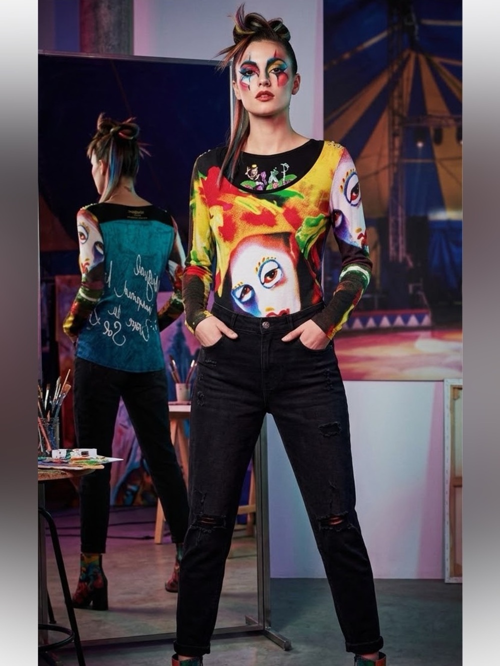 Cirque du Soleil x Desigual Graphic Face Print Top Long Sleeve Size Large